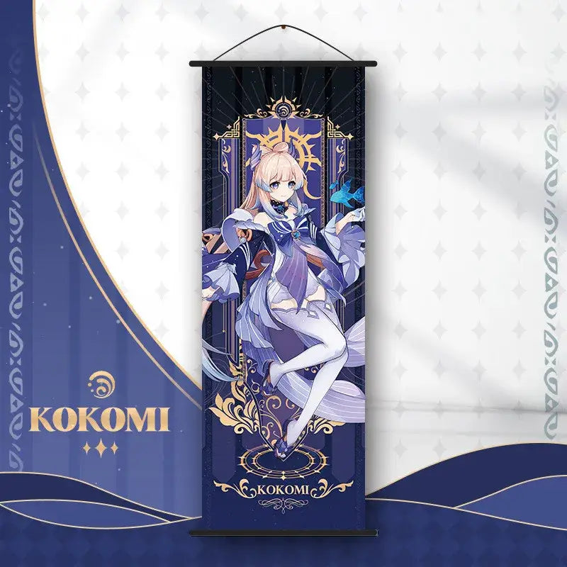 Decorbites™ anime poster wall art featuring genshin impact character with blonde hair in purple attire on dark blue background