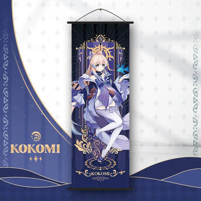 Decorbites™ anime poster wall art featuring genshin impact character with blonde hair in purple attire on dark blue background