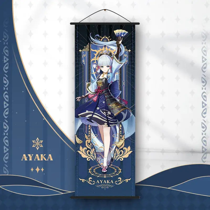 Decorbites™ anime poster wall art featuring ayaka in blue and gold traditional outfit from genshin impact