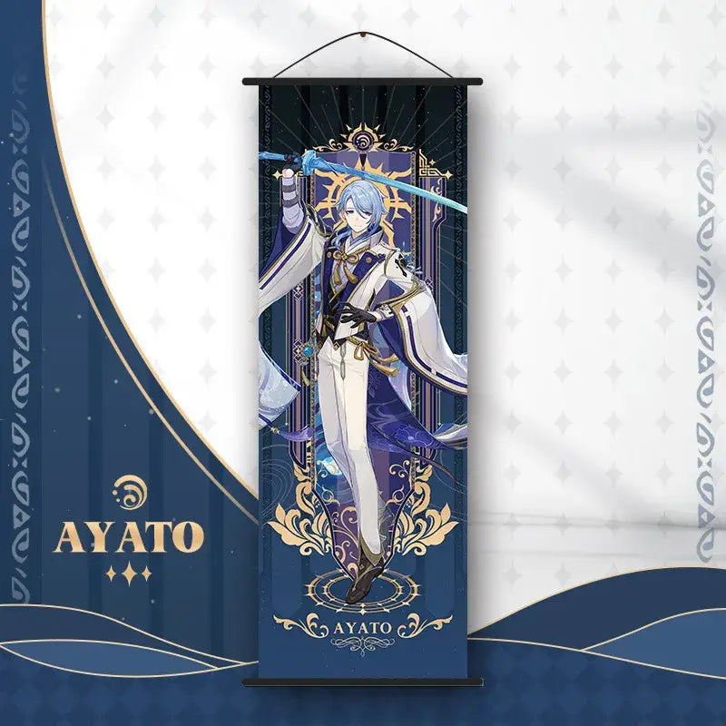 Decorbites™ anime poster wall art featuring genshin impact ayato in blue white gold outfit with glowing sword on navy background