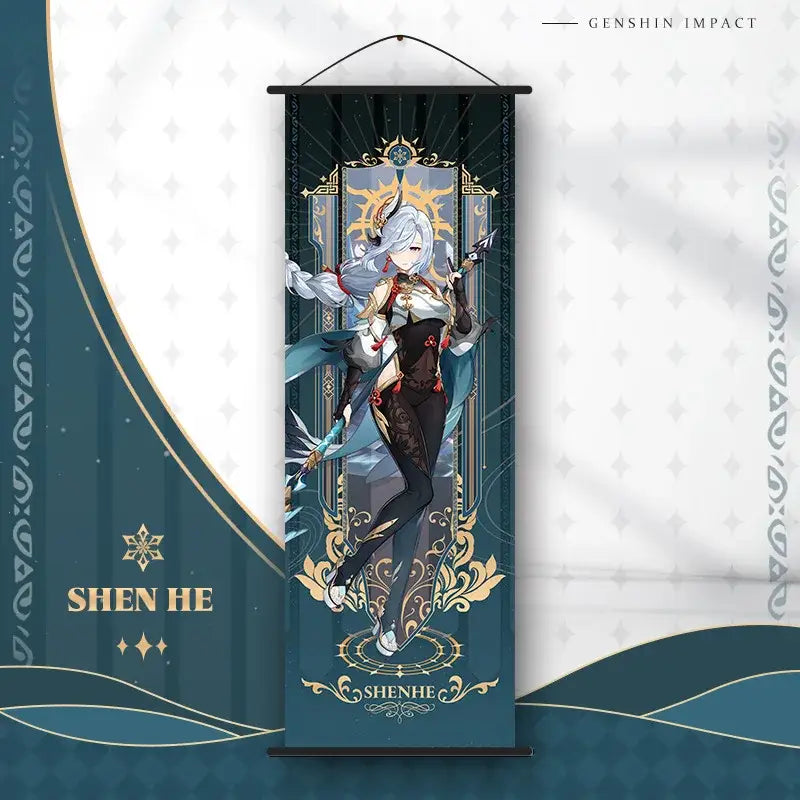 A vertically hanging anime poster wall art featuring shenhe from genshin impact with gold and teal designs on dark blue