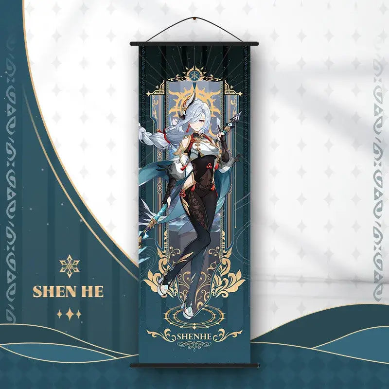 DecorBites™ anime poster wall art featuring a silver-haired Genshin Impact character on a dark teal scroll background