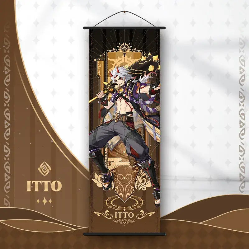 A vertically hanging anime poster wall art featuring a genshin impact character with white hair and purple outfit