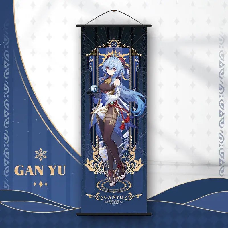 Decorbites™ anime poster wall art featuring genshin impact character gan yu with blue hair on navy background