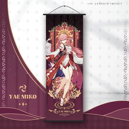 Decorbites™ anime poster wall art featuring yae miko from genshin impact with gold and red designs on dark background