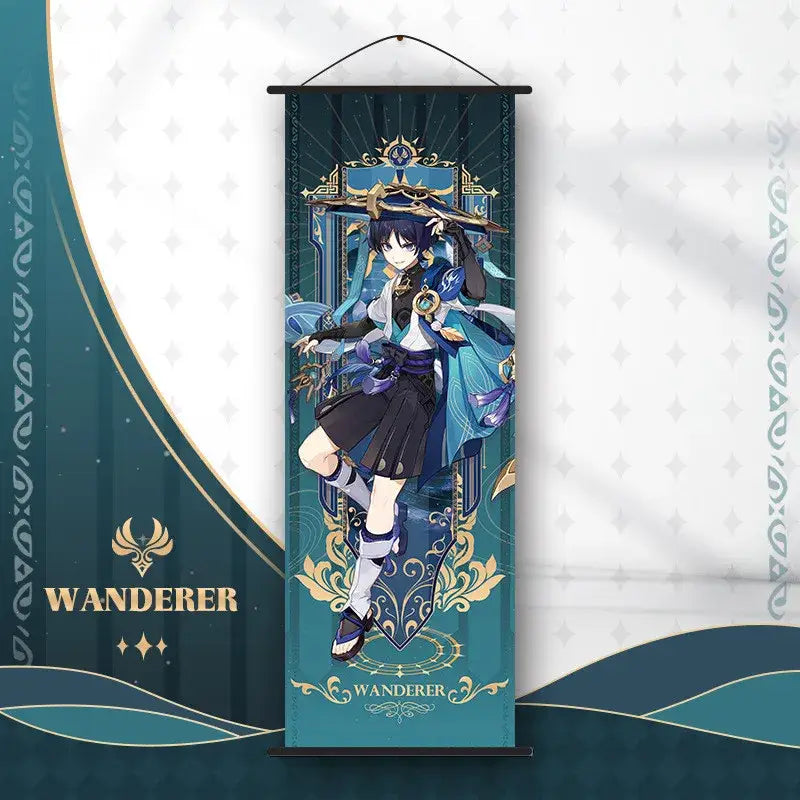 DecorBites™ anime poster wall art featuring a teal and gold genshin impact wanderer character banner