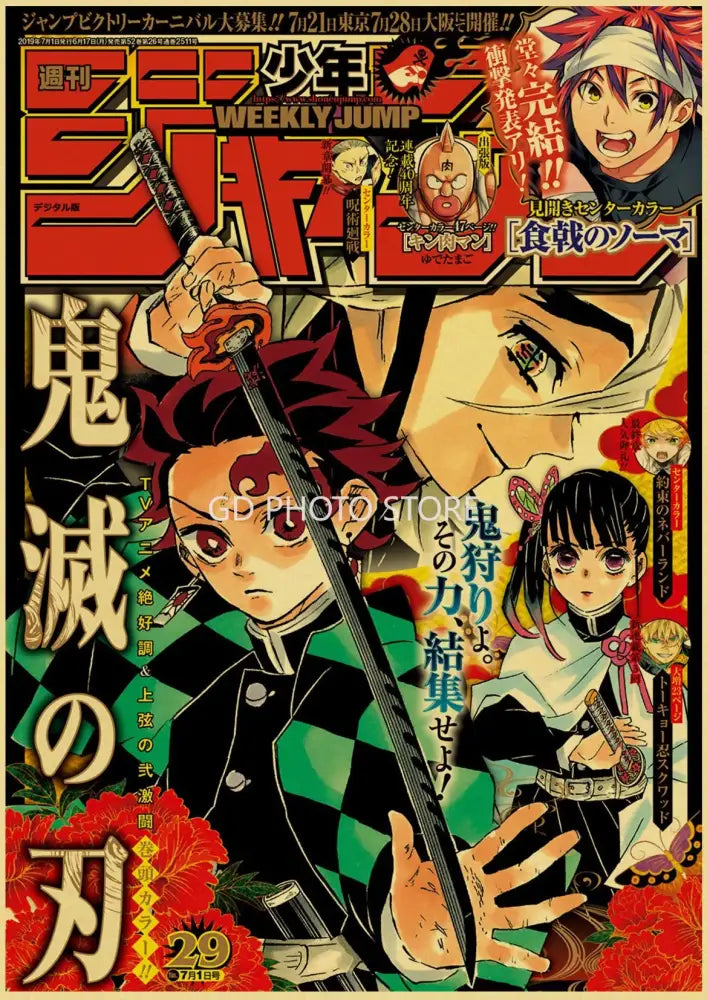 Decorbites™ anime poster collection features a character with red hair holding a sword wearing a green and black checkered jacket
