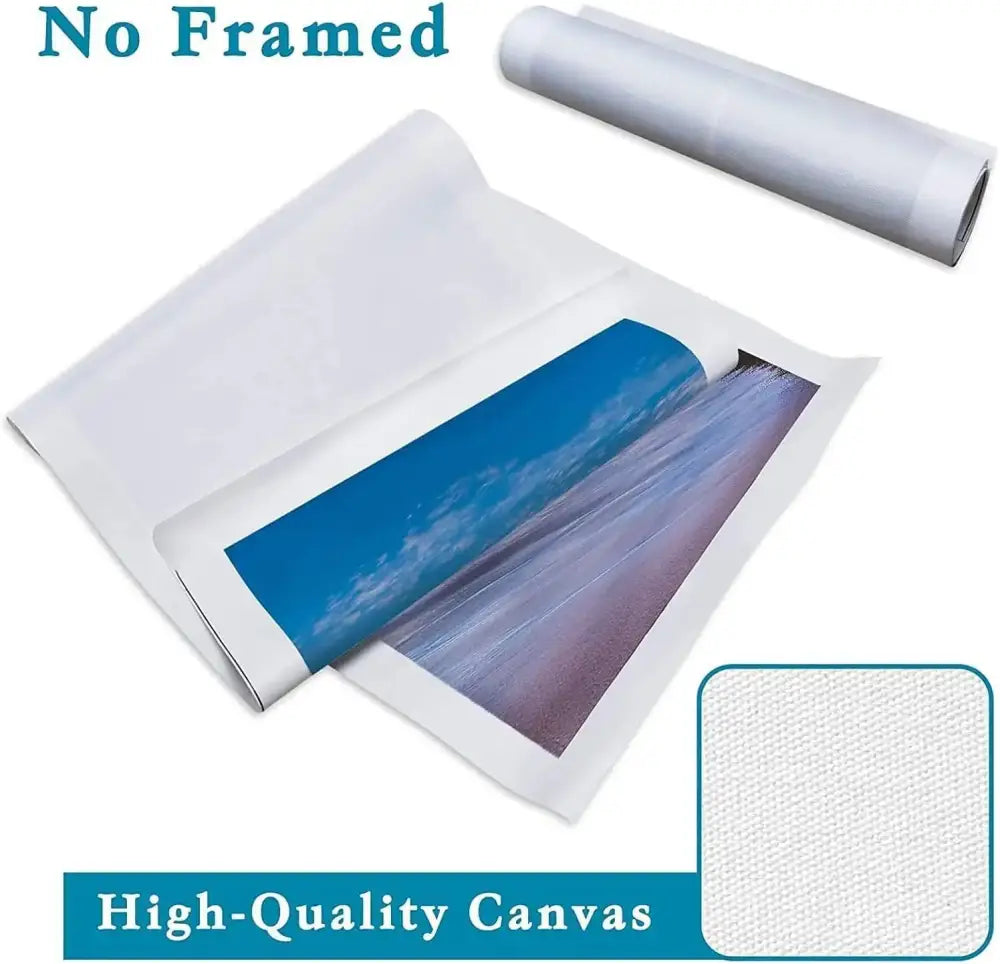 Unframed high-quality canvas roll with vibrant ocean and sky scene in DecorBites anime poster collection on textured fabric