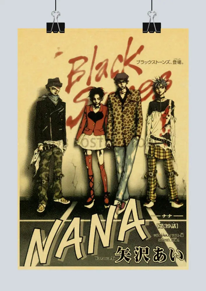Vintage-style nana anime kraft paper poster featuring four stylized characters on a sepia kraft paper background