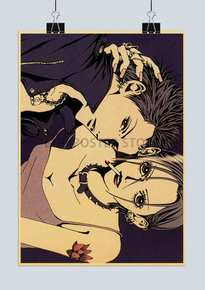 Vintage style nana anime kraft paper poster featuring two characters in sepia tones with bold black outlines on purple background