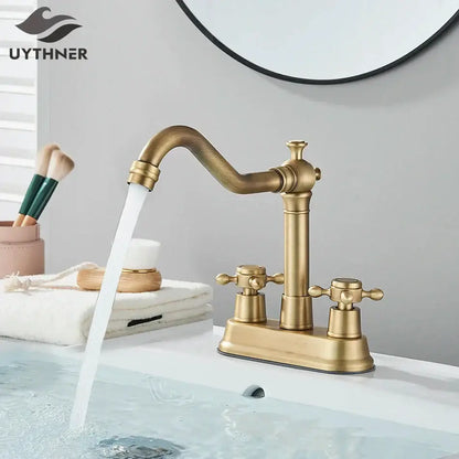 Antique black brass waterfall basin faucet with curved spout and cross-handle knobs for bathroom decorbites black brass