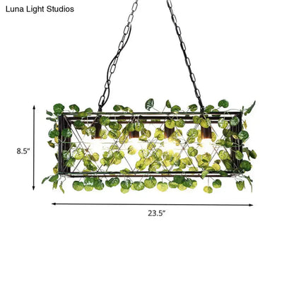 Decorbites metal island pendant in antique black rectangular metal island with LED lighting and green ivy decor