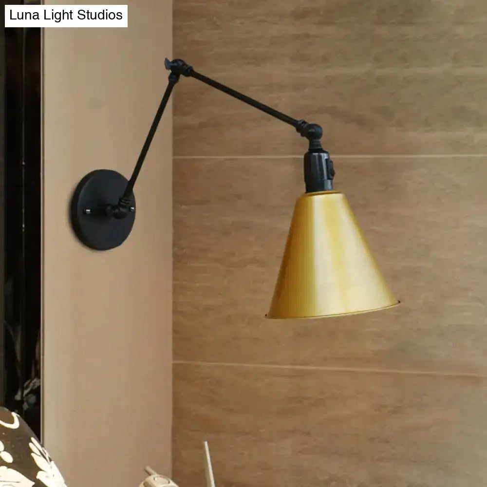 Decorbites™ stylish wrought iron direct wired articulated arm wall sconce in black with matte gold conical shade