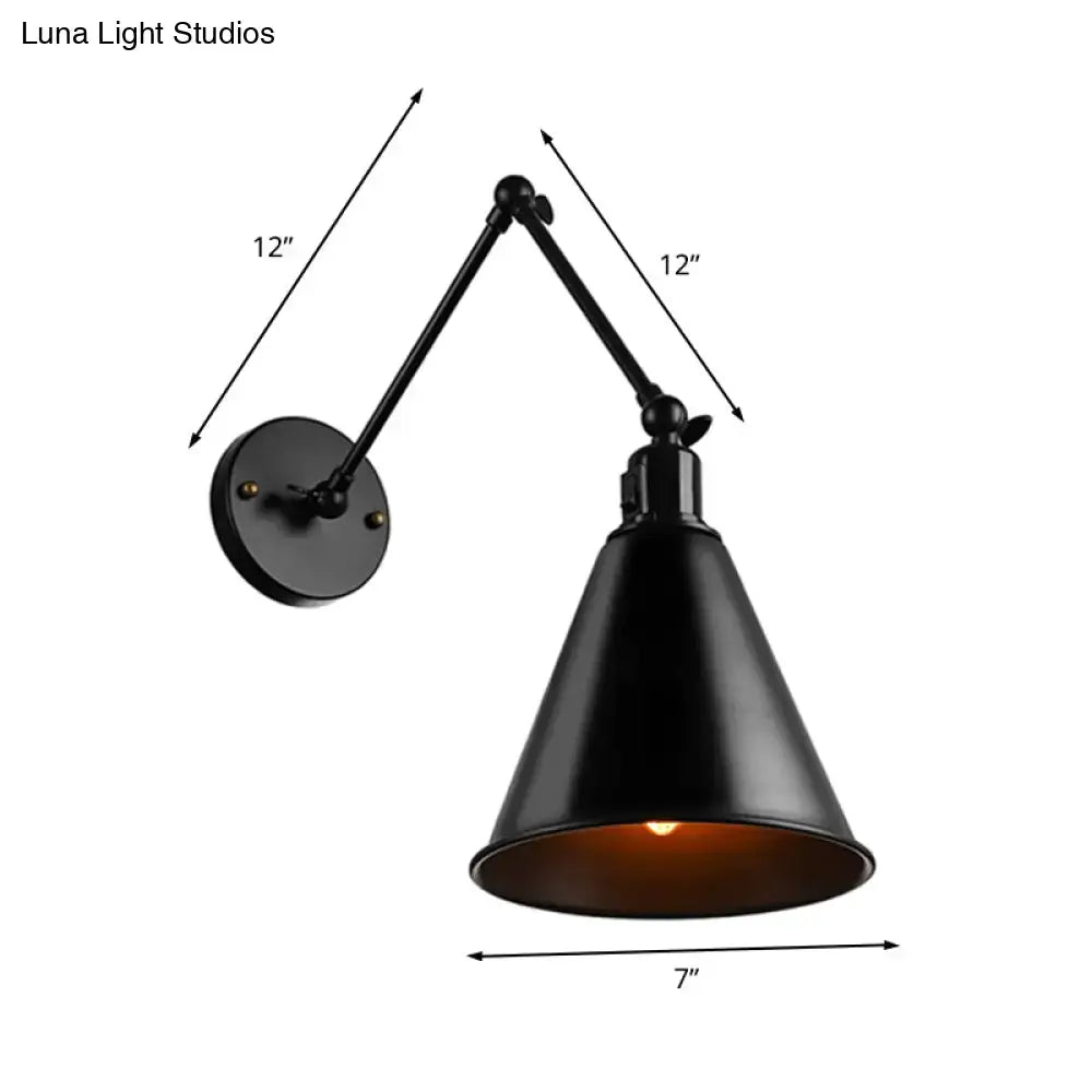 Black direct wired wrought iron wall sconce with adjustable arm and matte cone shade by DecorBites™