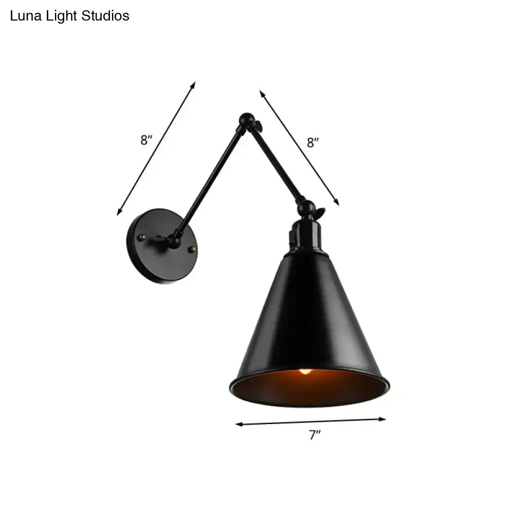 Decorbites™ stylish direct wired wrought iron wall sconce with black matte finish adjustable arms and cone shade
