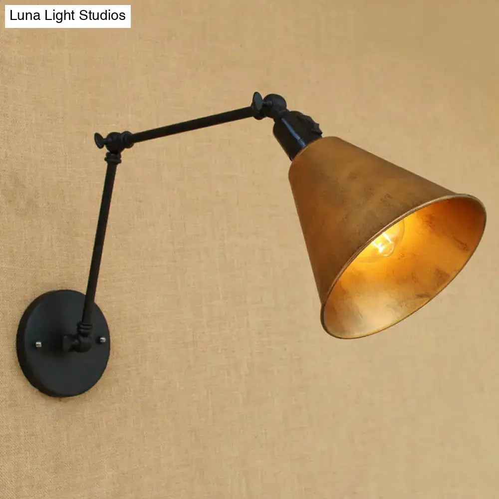 Decorbites stylish antique wrought iron direct wired wall sconce with black articulated arm and brass cone shade