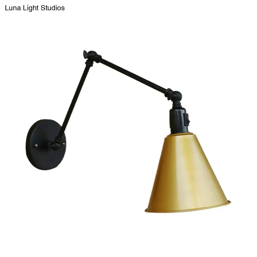 Decorbites stylish direct wired wrought iron adjustable wall sconce in black with brass conical shade and cone table design
