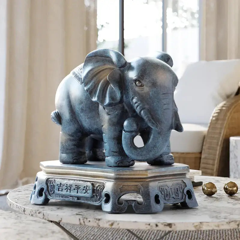 Antique blue elephant couple resin statue with intricate detailing and chinese characters for living room decorbites decor
