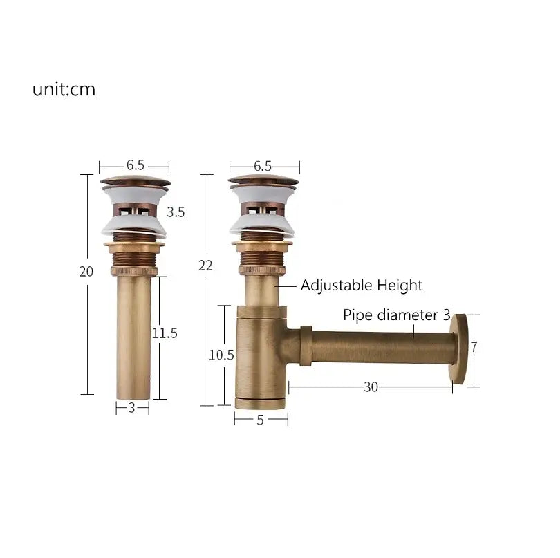 Antique brass air isolation drain pipe with adjustable height brass bathroom sink drain and white ceramic overflow basin