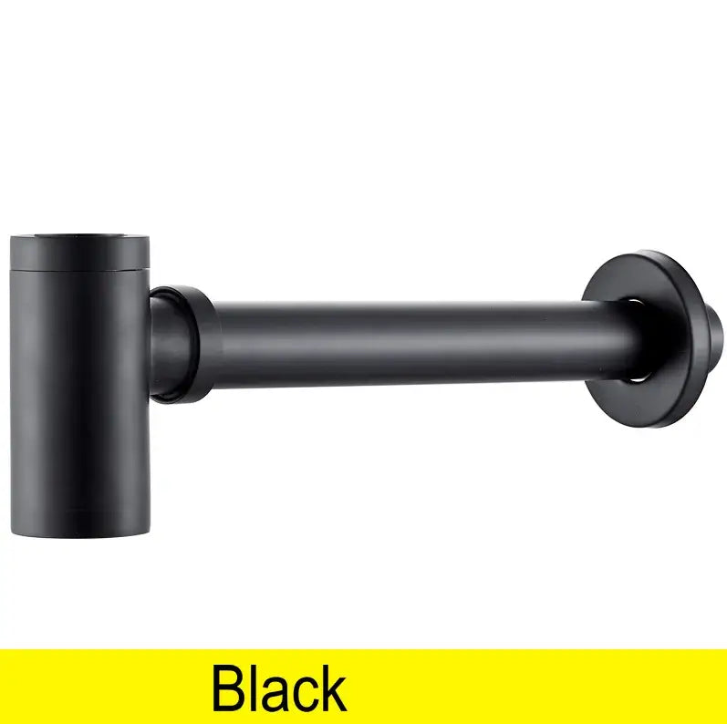 Black matte-finished metal bathroom sink drain pipe with brass air isolation and threaded connection by decorbites
