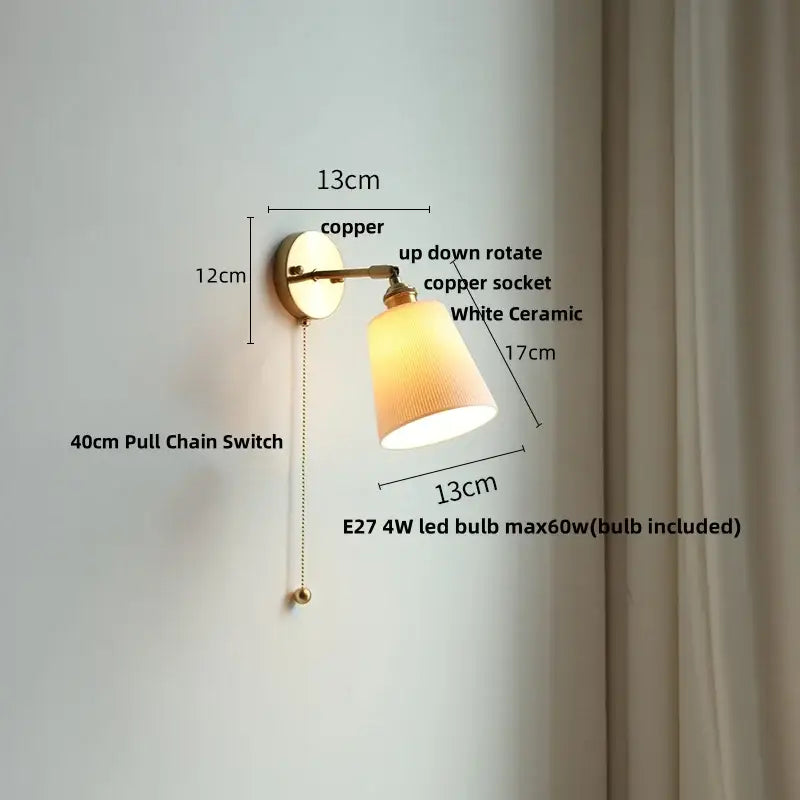 Copper-finished wall light with white ceramic led lampshade and adjustable pull chain switch for bedroom decorbites ceramic led wall