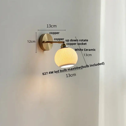 Antique brass and amber glass adjustable wall light with 13cm white ribbed ceramic led wall sconce decorbites ceramic led