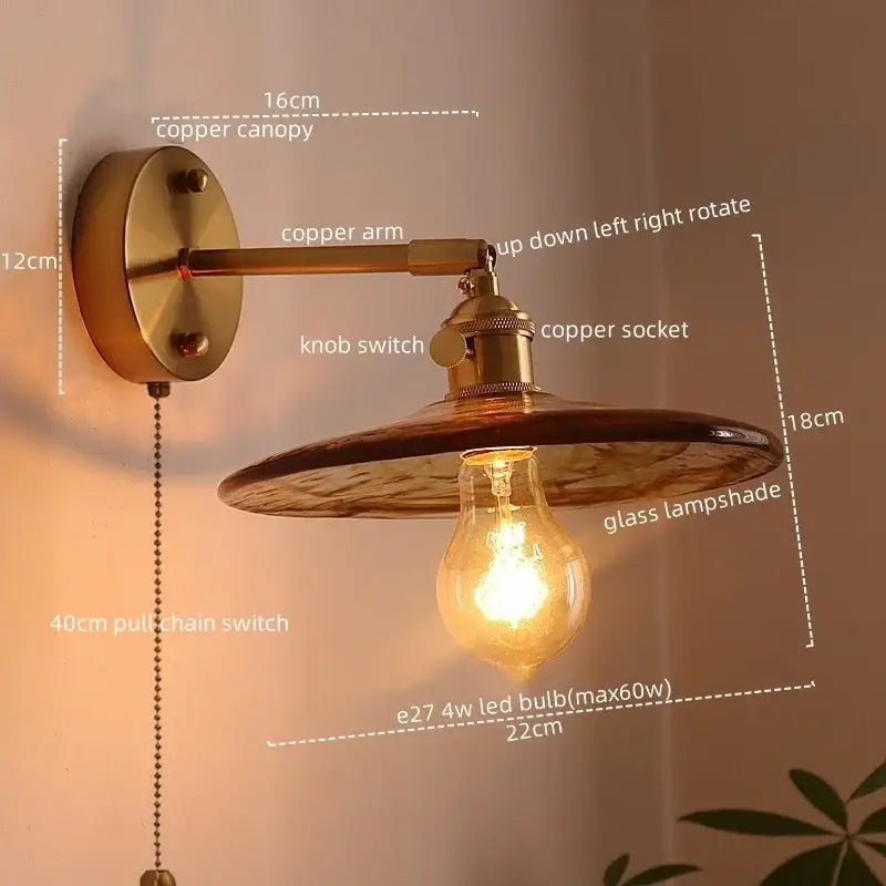 Copper finished wall sconce with textured glass copper led lampshade and exposed led bulb for bedroom wall lights