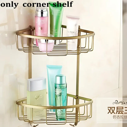 Antique brass double-tier corner shelf with wire mesh design from decorbites bathroom accessories set for bathroom use