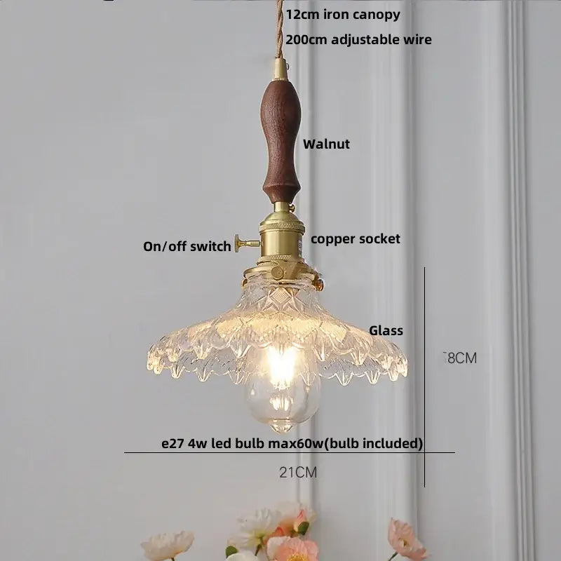 Antique brass and glass led pendant lamp with walnut wood handle and ornate cut-glass shade for kitchen lighting