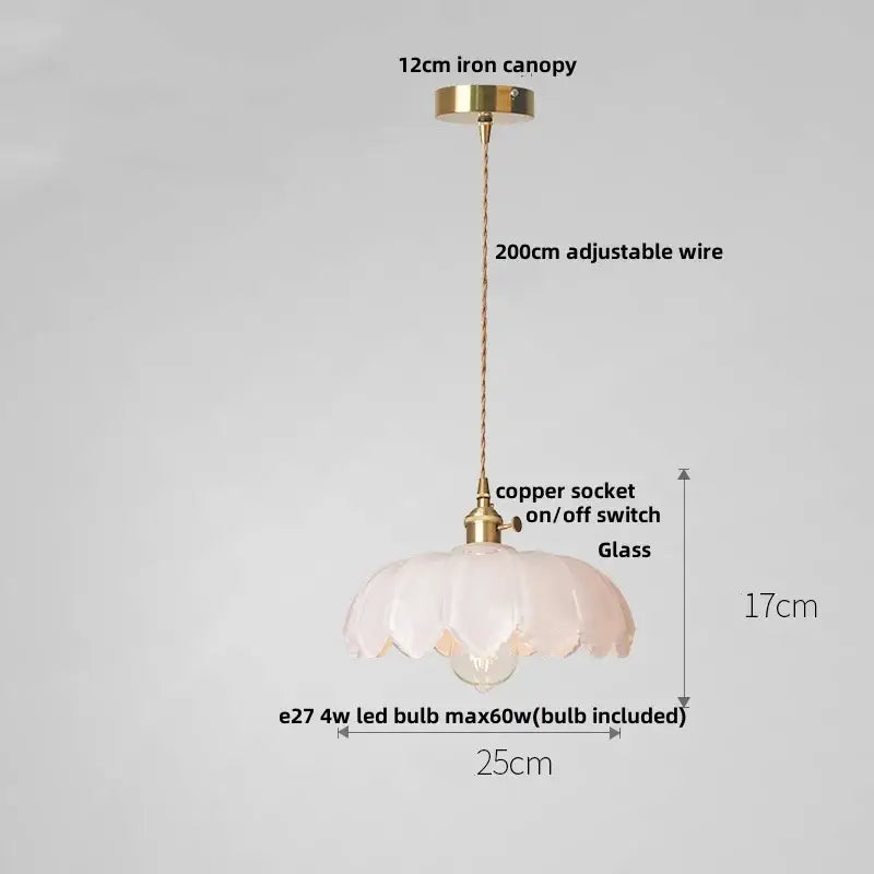 Antique brass and glass led pendant lamp with a delicate pink fluted glass led pendant light design