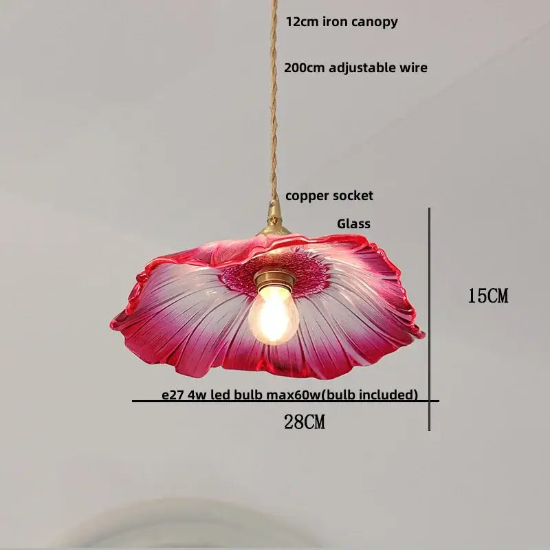 Antique brass and glass led pendant lamp with vibrant pink and purple glass flower shade and adjustable copper wire