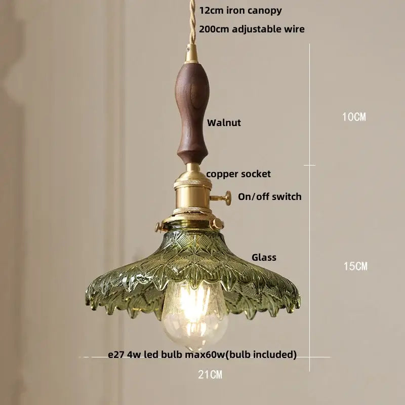 Antique brass and glass led pendant lamp with dark walnut handle and ornate green leaf embossed shade for kitchen lighting