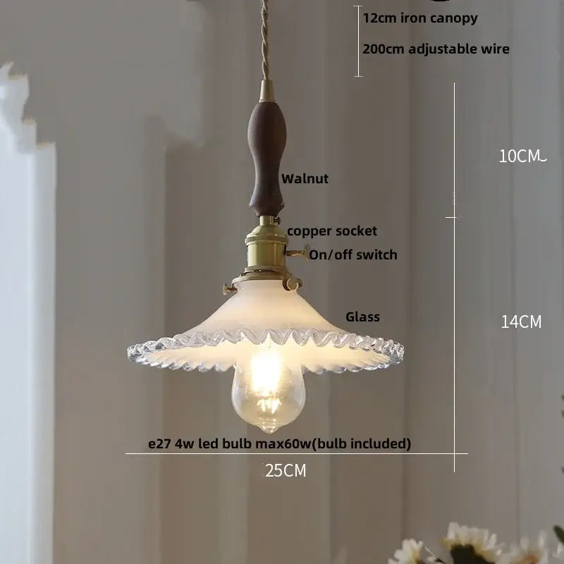 Antique brass and glass led pendant lamp with dark walnut iron canopy and frosted scalloped glass shade for kitchen use