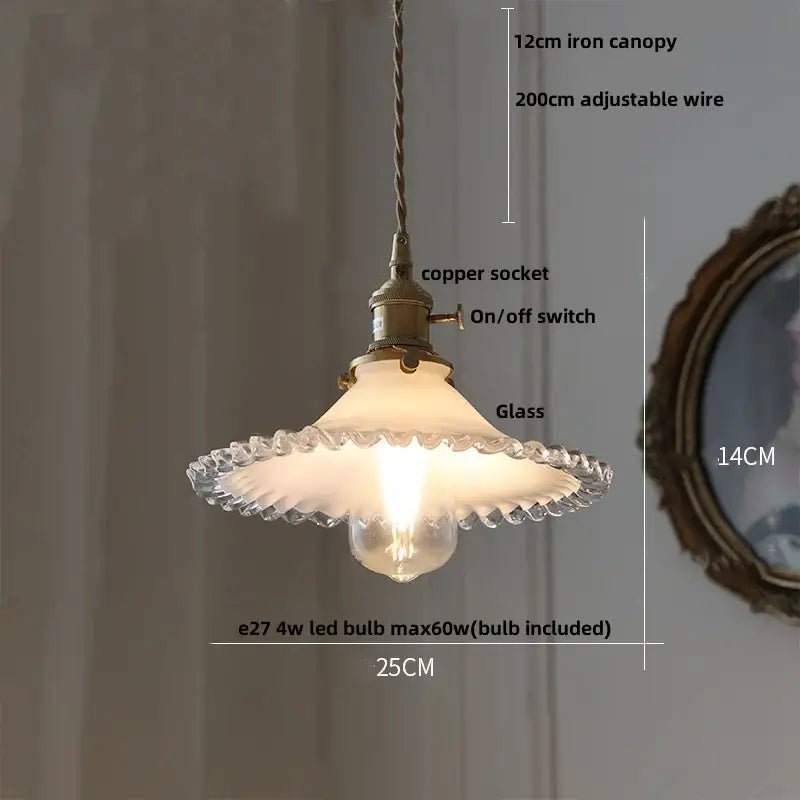 Antique brass and glass led pendant lamp with frosted scalloped glass shade and copper socket for kitchen lighting