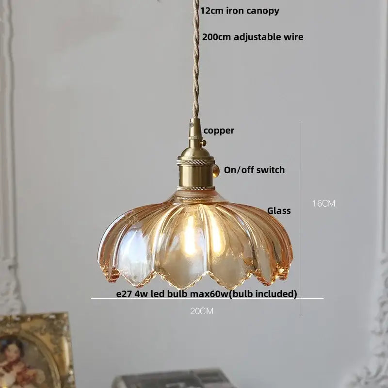 Vintage brass and glass led pendant lamp with amber petal-shaped shade for kitchen hanging light fixture