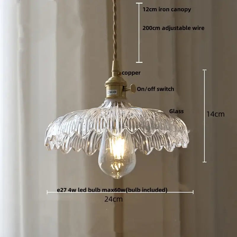 Clear scalloped glass led pendant lamp with brass-finished copper fixture and adjustable wire suspension for kitchen lighting