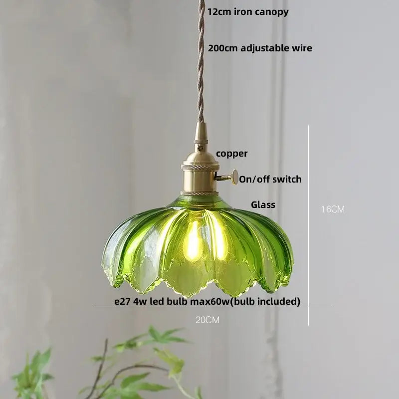 Antique brass and green glass led pendant lamp with copper switch and iron canopy for kitchen lighting