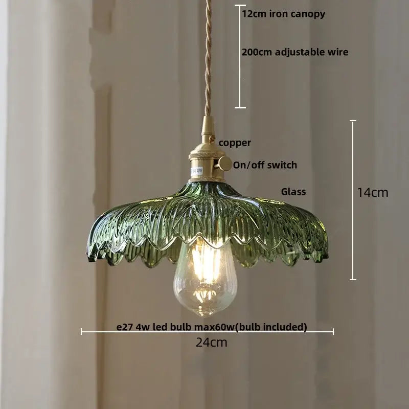 Antique brass and green glass led pendant lamp with copper switch and iron canopy for kitchen hanging light