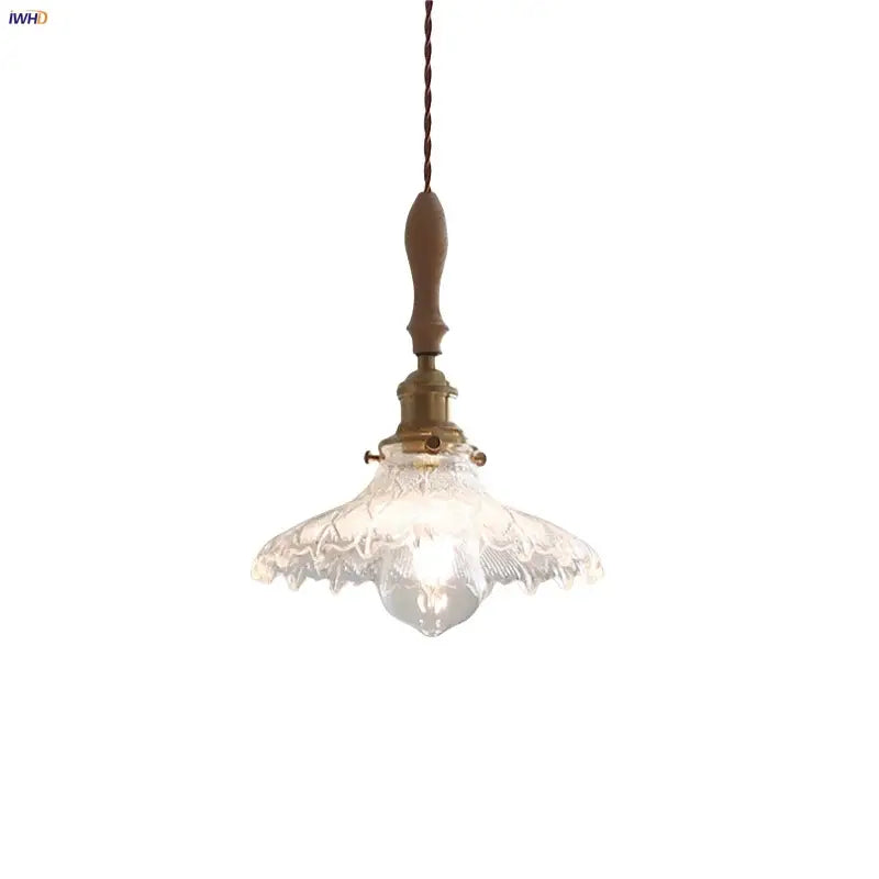 Antique brass and glass led pendant lamp with brass fixture wooden handle and clear textured glass shade for kitchen use