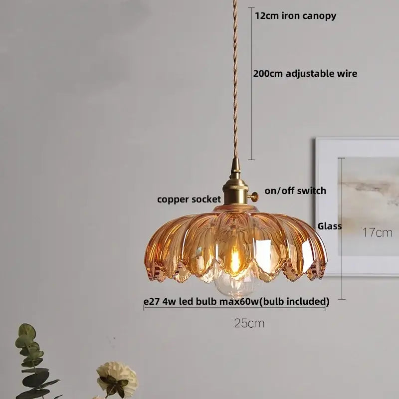 Antique brass and amber glass led pendant lamp with copper socket and adjustable wire for kitchen lighting