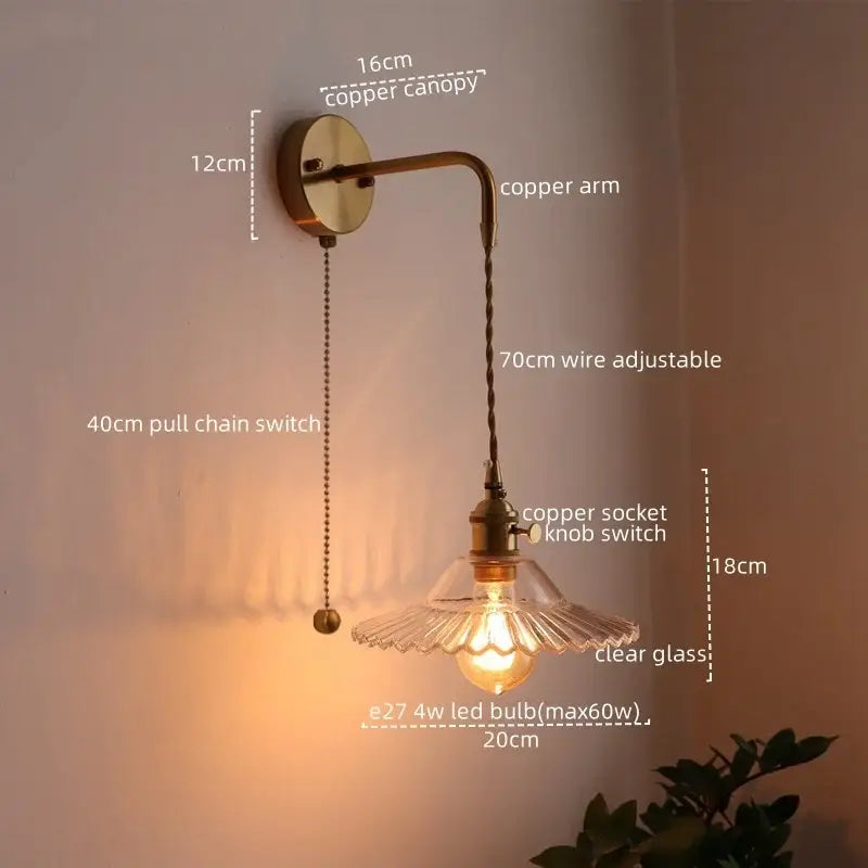 Antique brass and green glass wall lamp bedroom sconce with copper wall sconce, clear glass shade, and adjustable wire arm by decorbites led wall