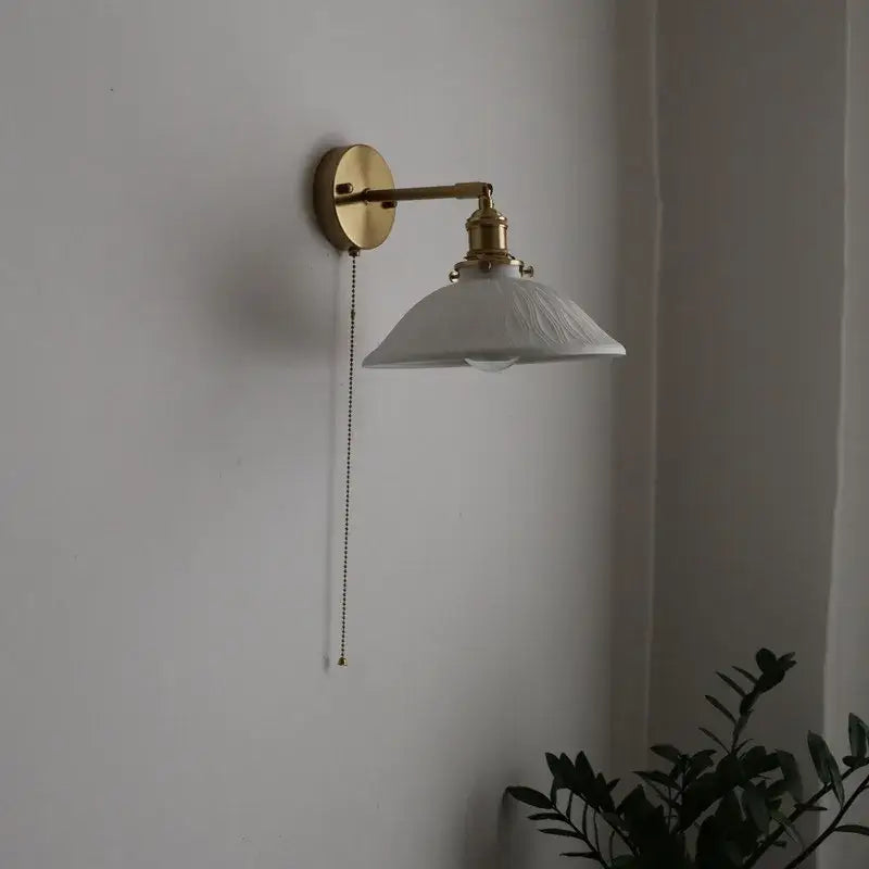 Antique brass and ribbed glass wall lamp with pull chain switch for bedroom decorbites ceramic copper led lighting