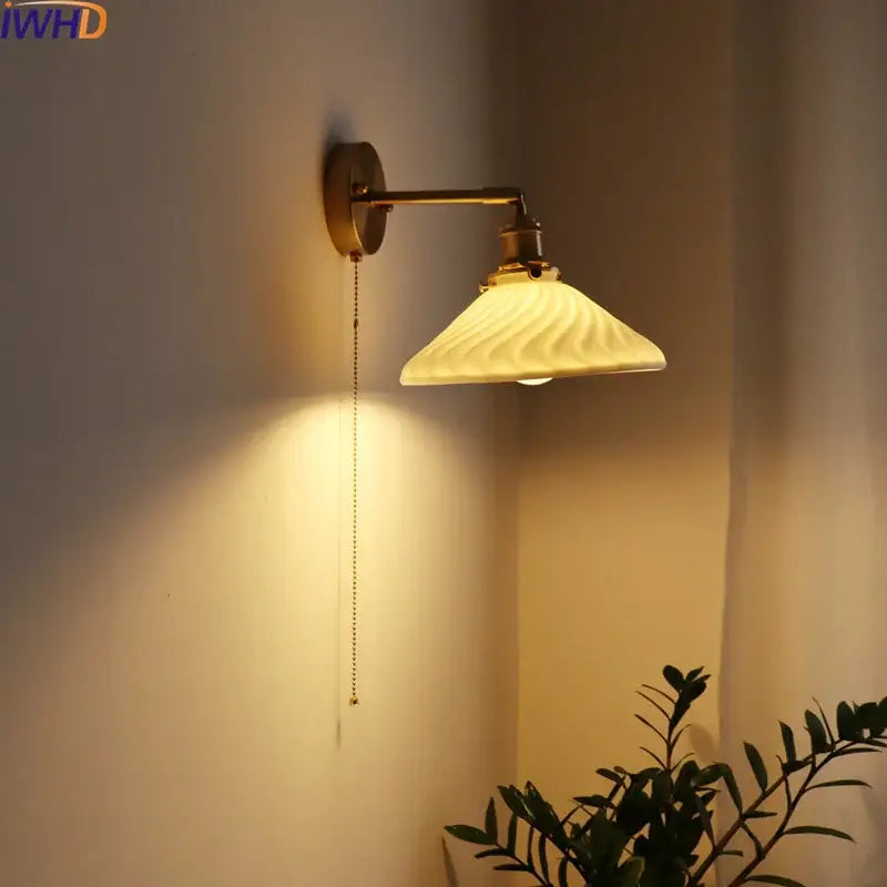 Antique brass wall lamp with cream ribbed glass shade and adjustable pull-chain switch for bedroom decorbites ceramic copper led