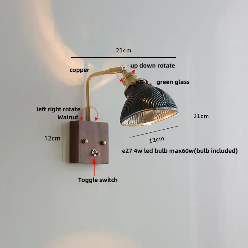 Industrial wall lights with copper arm, walnut finish base, and black ribbed glass shade for decorbites clear glass decor