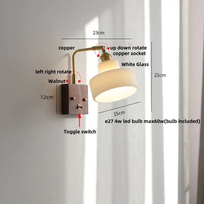 Copper-finished wall lights with white clear glass shade and walnut wood base for decorbites clear glass stair fixture