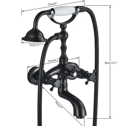 Black matte vintage-style bathtub shower faucet set with white ceramic handle and flexible shower hose for bathroom use