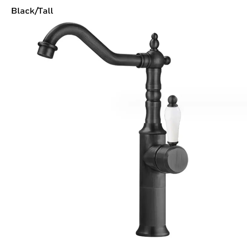 Black tall kitchen faucet with white ceramic handle and ornate turned spout design for decorbites gold luxury kitchen