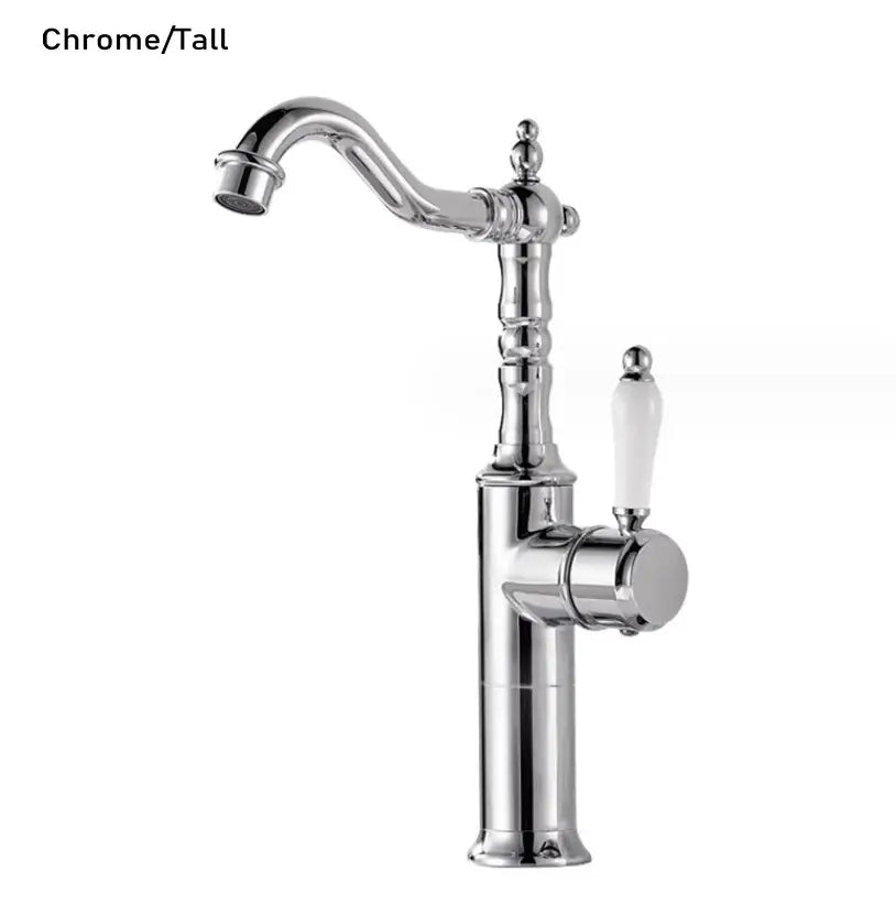 Chrome finished tall kitchen faucet with curved spout and off white ceramic handle for decorbites gold luxury kitchen