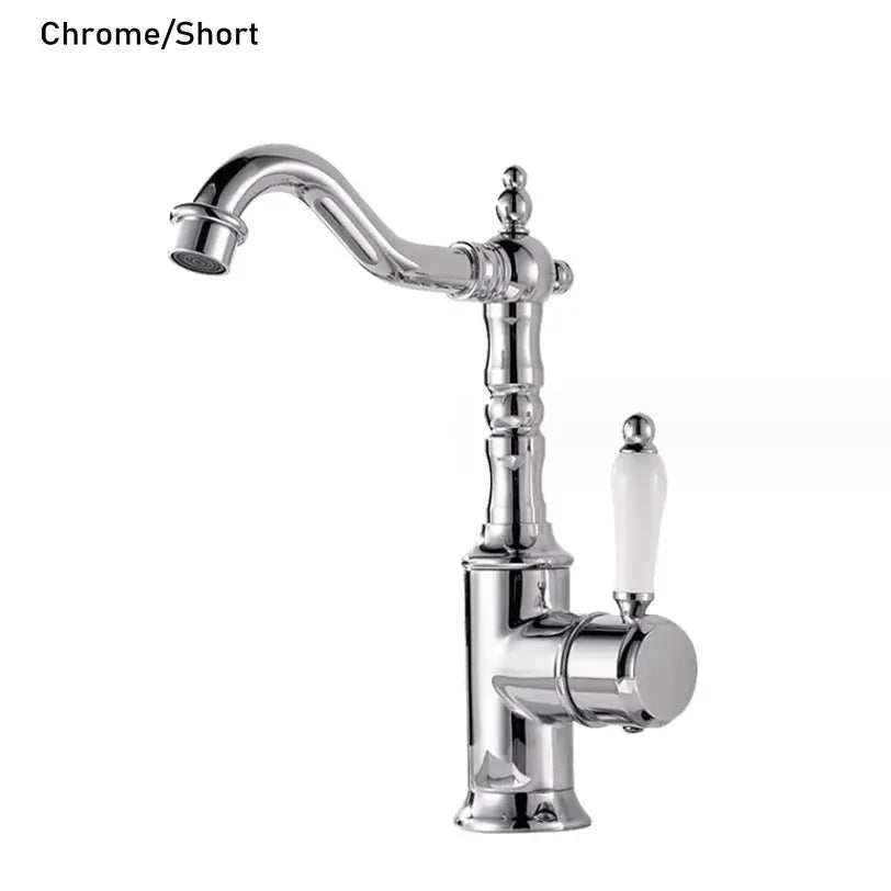 Chrome-finished luxury kitchen faucet with short spout and off-white ceramic handle from decorbites gold luxury collection