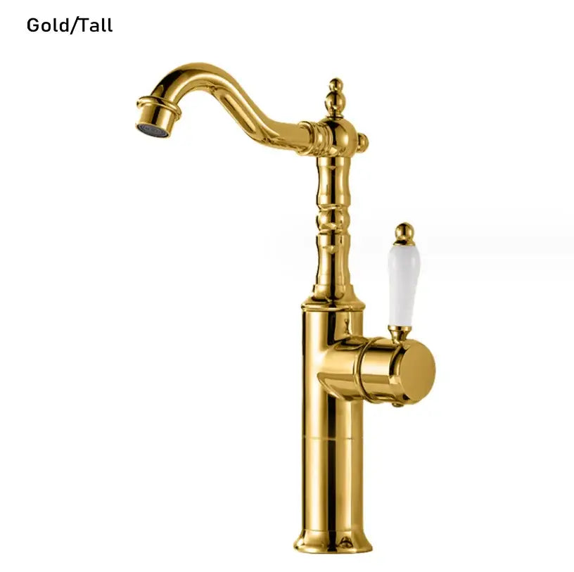 Antique brass and white ceramic gold luxury kitchen faucet with ornate vintage design from decorbites gold luxury collection